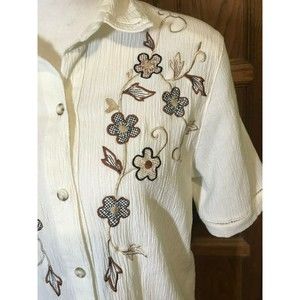 Alfred‎ Dunner Women's Size 10 Embroidered Crepe Blouse SS Button-Up Top